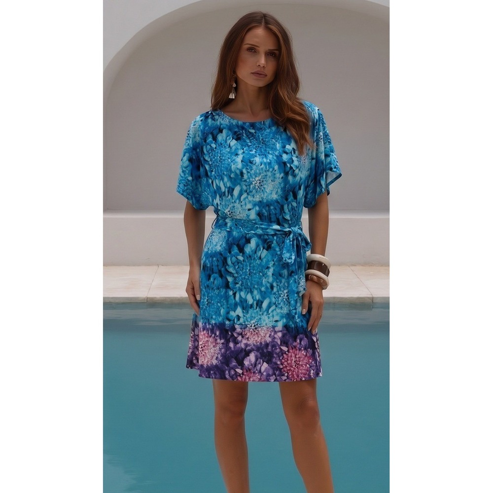 BCBGMAXAZRIA Floral Dolman Mini Dress Size S Blue Purple Belted Summer‎ Scoop